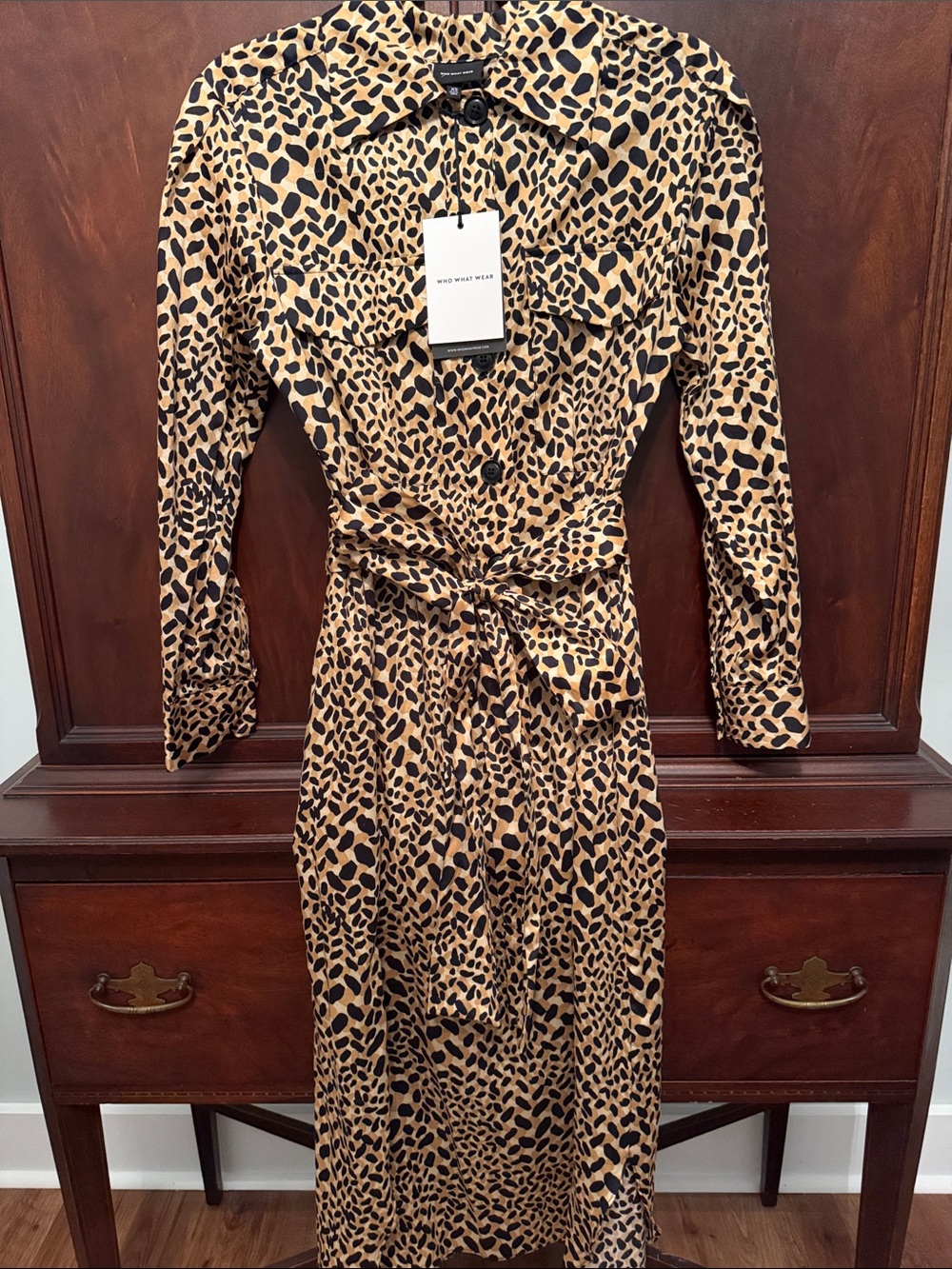 Who What Wear Tan and Black Leopard-Print Tie-Waist Midi Dress